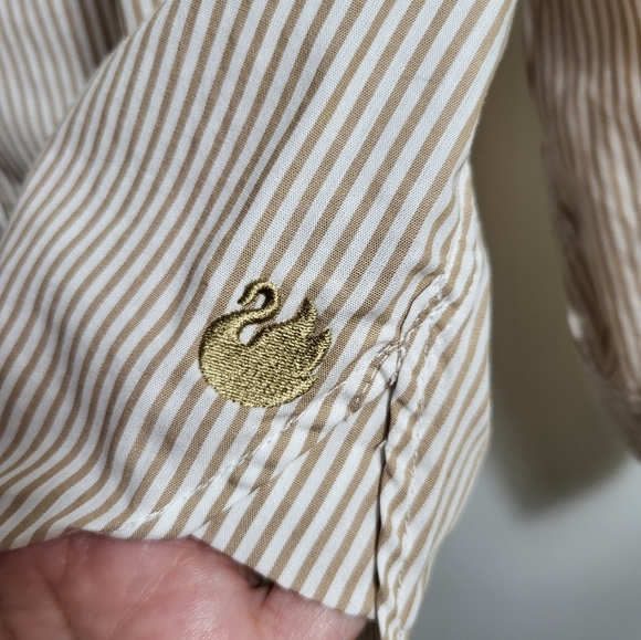 Gloria Vanderbilt tan white stripe button down shirt women's L #2236 - Picture 5 of 8